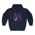 Patriotic LOVE Zip Hoodie — American Flag & Donut Graphic