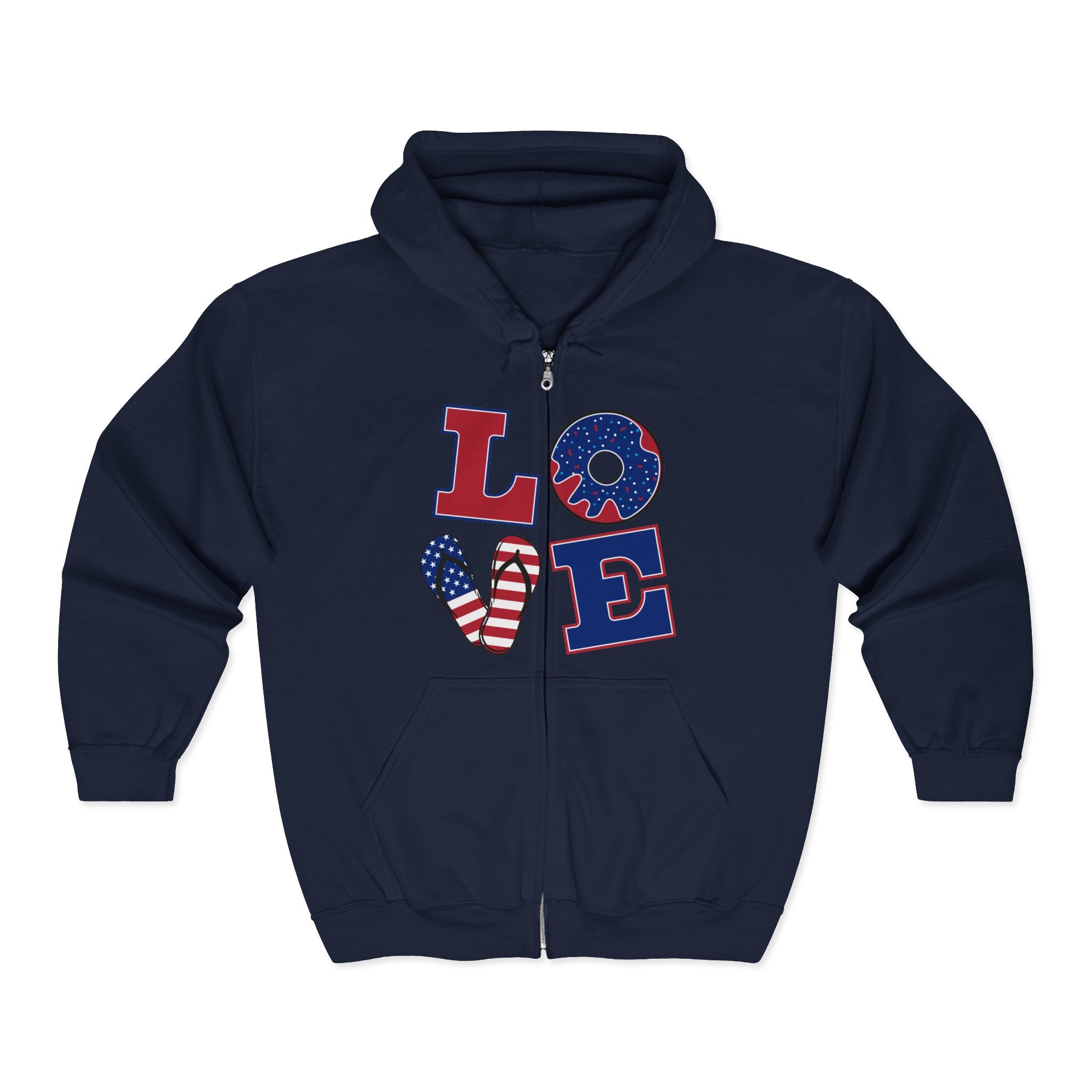 Patriotic LOVE Zip Hoodie — American Flag & Donut Graphic