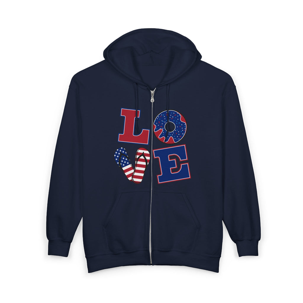 Patriotic LOVE Zip Hoodie — American Flag & Donut Graphic
